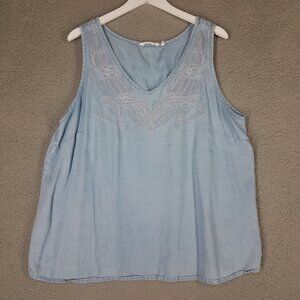 Soft Surroundings Chambray Tank Top Women's 1X Embroidered Floral Beach Blue